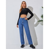 Jean décontracté en denim délavé, pantalon ample taille haute en denim